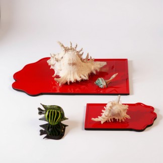 Khay sơn mài hoa đào 3 đỏ KT 45x30cm